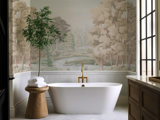 Bathroom with freestanding bathtub, wooden stool, and wall mural of a landscape.