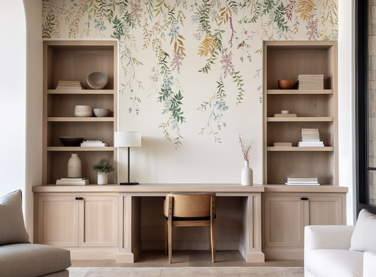 Modern wooden office with a plain white wallpaper with hanging florals.