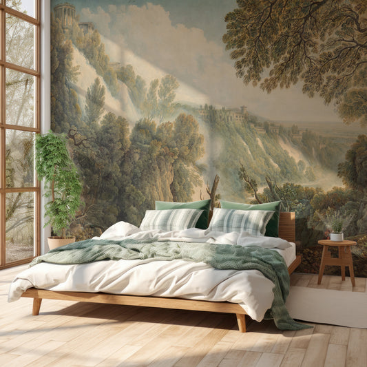 Amalia Wallpaper in a Bedroom with a large mural of a landscape on the wall