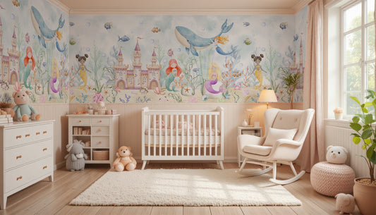 Andrina Wallpaper in a Baby's Nursery with Toys and Furniture