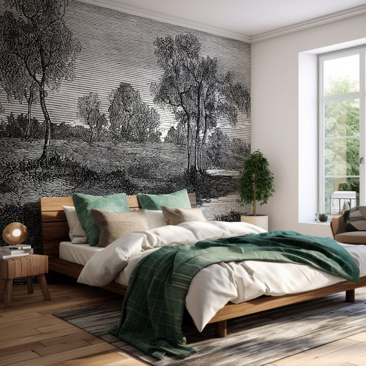 Angus Wallpaper In Bedroom With Green Bedding And Wooden Bed With Large Window Letting Lots Of Light In