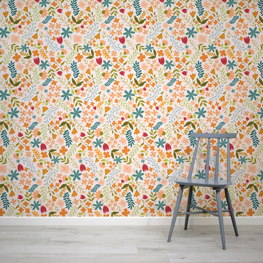 Anthea Light Pink Wallpaper with a Grey Wooden Chair