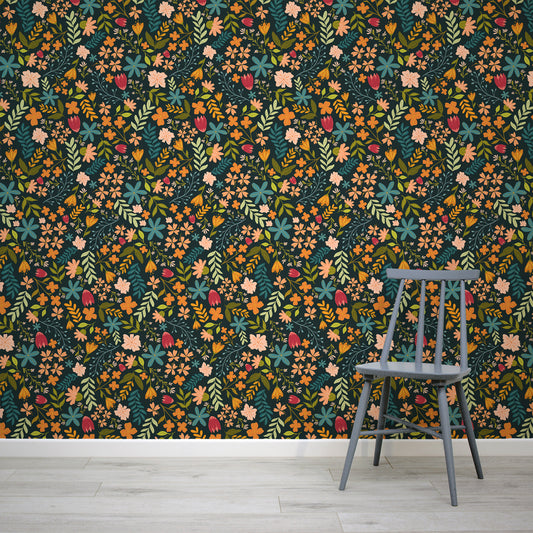 Anthea Navy Wallpaper with a Grey Wooden Chair