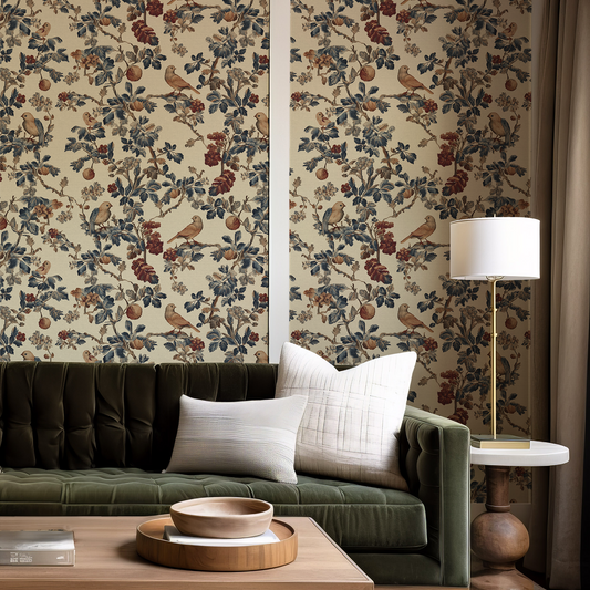 Living room with green sofa, wooden coffee table, and floral wallpaper.