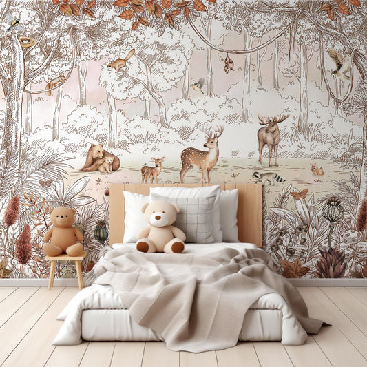 Birch Autumn Wallpaper In Children's Bedroom With White Bed And Fluffy Beige Blanket With Teddy Bear In The Bed
