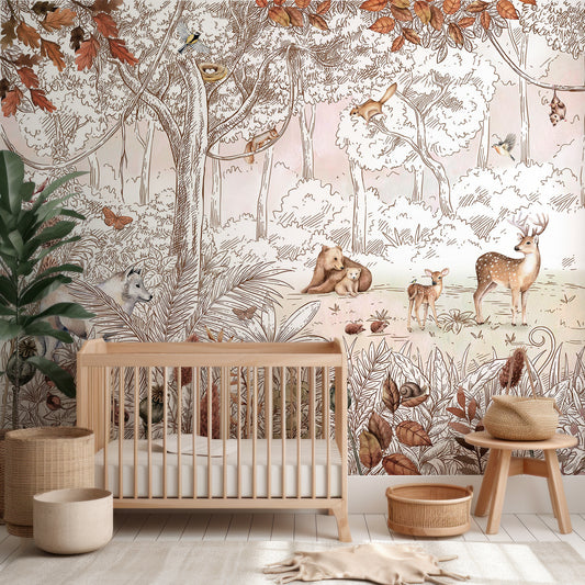 Birch Autumn Wallpaper In Nursery With Wooden Crib And Green Plant And Wooden Stools