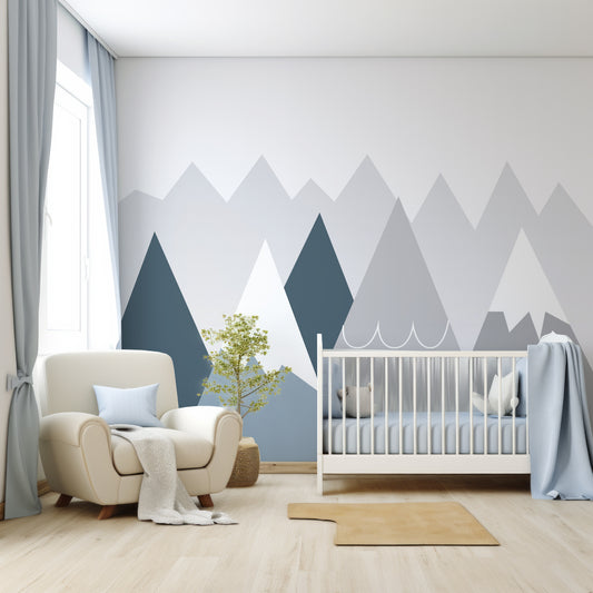 Bowdly Wallpaper In Nursey With White Cot And Large Cream Chair With Blue Cushions And Blue Bedding