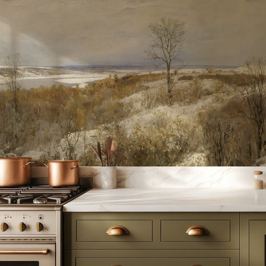 Kitchen with green cabinets, white countertop, and copper pots against a scenic wall mural.