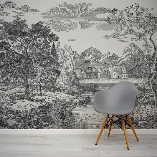 Castle Glade Mono Wallpaper In Room With Grey Chair