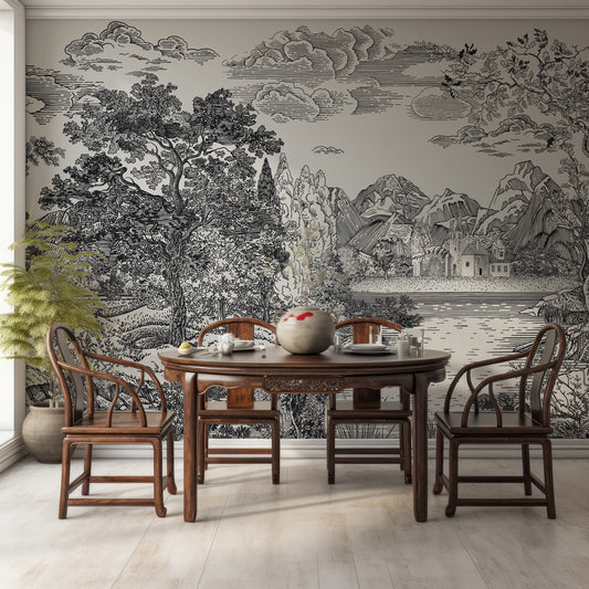 Castle Glade Wallpaper In Dining Room With Dark Wooden Table & Chairs As Well As Plant