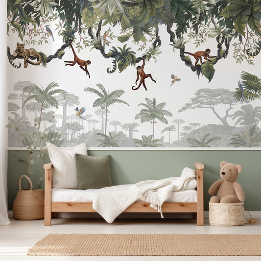 Cheeky Monkey Wallpaper In Child's Bedroom With Small Wooden Bed And White And Green Bedding With Half Wallpapered Wall And Half Painted Green Wall