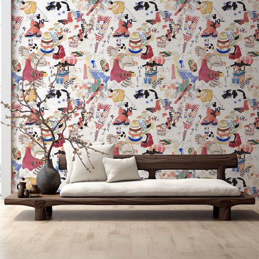 Chihiro Remix Wallpaper In Living Room With Dark Wooden Bench With White Cushions And Large Dry Plant In Charcoal Plant Pot