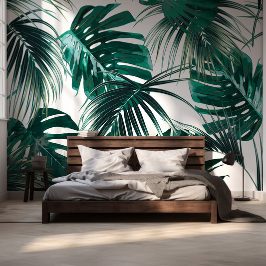 Copacabana Wallpaper In Room With Dark WOoden Queen Size Bed & Grey Bedding