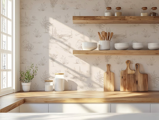 Eilph Wallpaper in a Wooden Counter Kitchen With Wooden Shelves