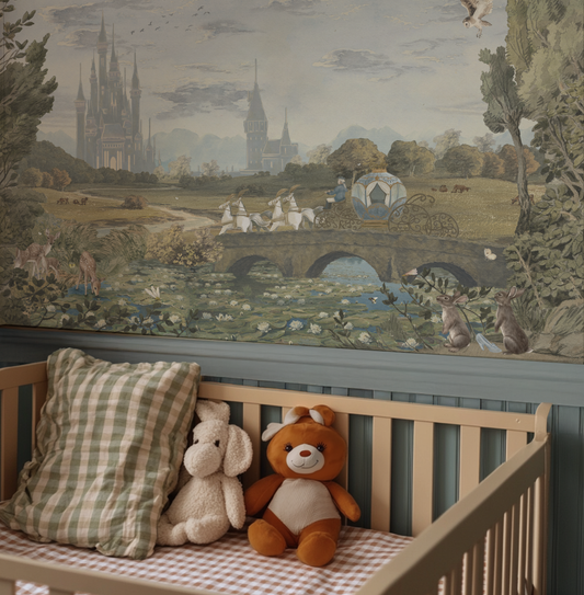 Children's room with a crib, teddy bears, and a large wall mural of a pastoral scene.