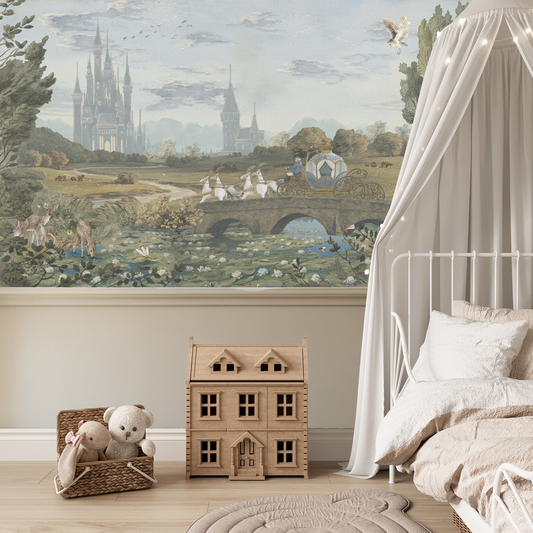 Children's bedroom with fairy tale mural, wooden house, and teddy bears.