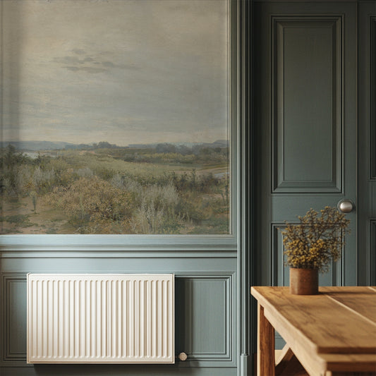 Eowyn Wallpaper with a radiator on a wall with a landscape painting and wooden table in the background