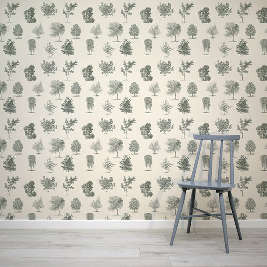 Evergreen Wallpaper with Grey Chair