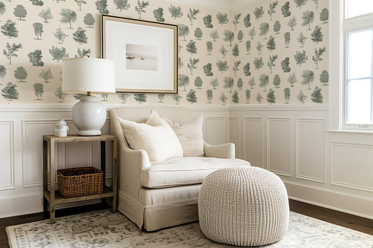 Evergreen Wallpaper with a Snug Chair and Side Table