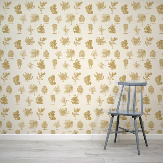 Evergreen Mustard Wallpaper with Grey Chair
