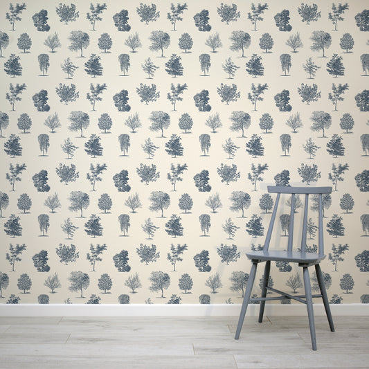 Evergreen Royal Blue Wallpaper with Grey Chair