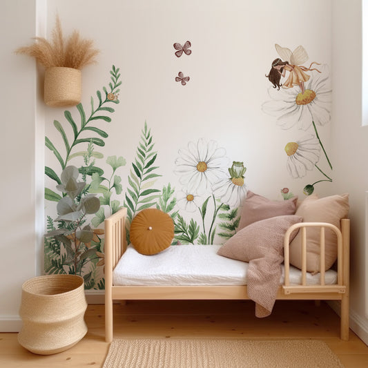 Fairy Garden Wallpaper In Child's Bedroom With Wooden Bed and Neutral Colored Cushions and Plants
