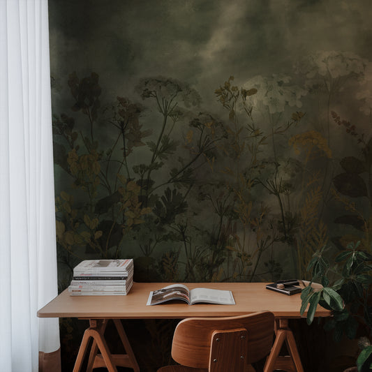 Feronia Wallpaper in a office with a wooden desk and chair.
