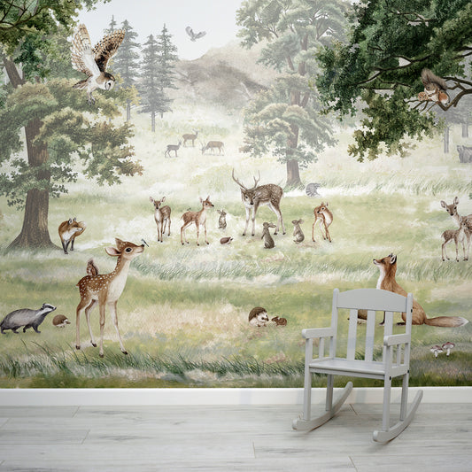 Forest Fun Wallpaper Mural In Room With Small Grey Chair
