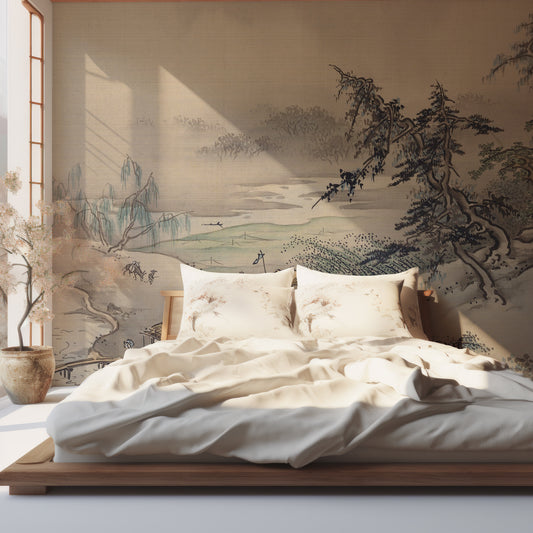 Hashimoto Gaho In Bedroom With Large Wooden Bed and Plant
