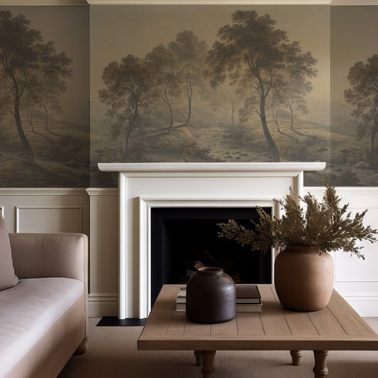 Living room with a fireplace and wall mural of trees