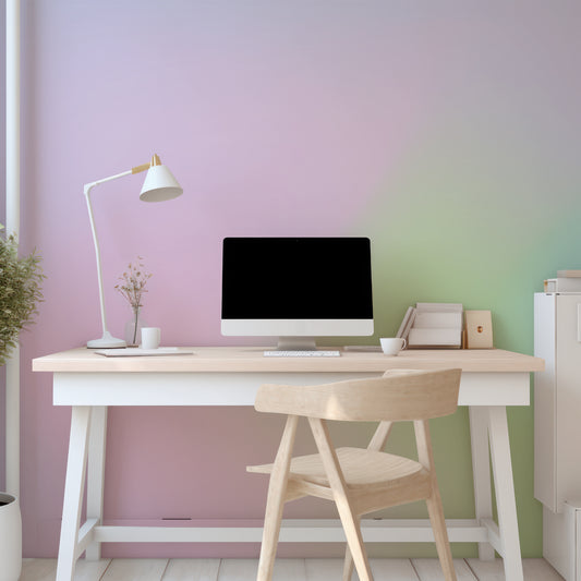 Iridescent Rainbow Dreams In Office With White And Wood Desk And Computer Screen With Lamp And Plants
