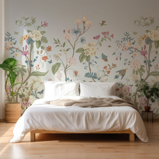 Lily Lane Lavender Wallpaper In Blank Bedroom With White Duvet Covers & Pillows With Green Plant