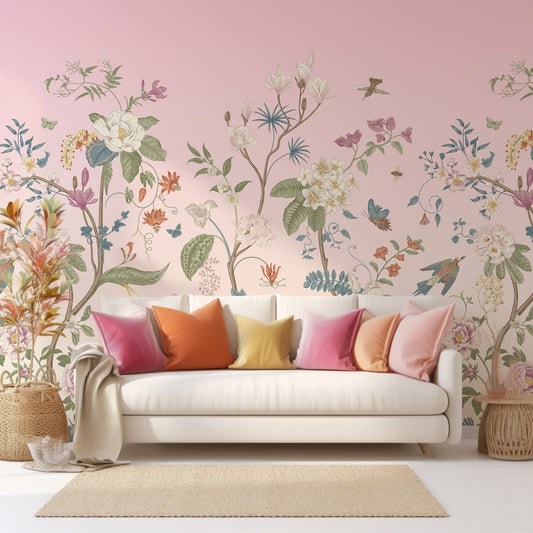 Lily Lane Orchard Wallpaper In Living Room With White Cream Sofa & Multi-Colored Pink Cushions