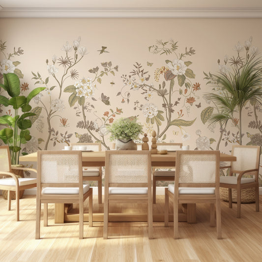 Lily Lane Wallpaper In Dining Room With Wooden Table And Chairs