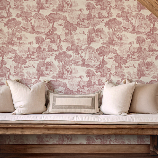 Patterned wallpaper with a wooden bench and cushions in a room.