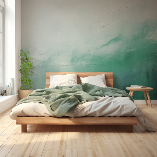 Mint Texture Abstract Wallpaper In Bedroom With Great Lighting With Green Queen Size Beds And Wooden Floor