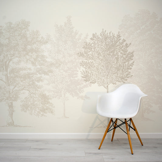 Muted Forest Wallpaper In Room With White Chair