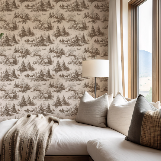 Living room with patterned wallpaper, sofa, and window view