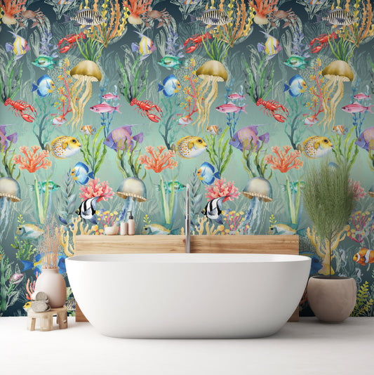 Nautilus Blue In Bathroom With White Bathtub And Green Beige Plants With Wooden Backing