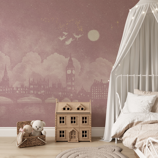 Watercolour pink London skyline at night inspired by Peter Pan mural in a white children's bedroom