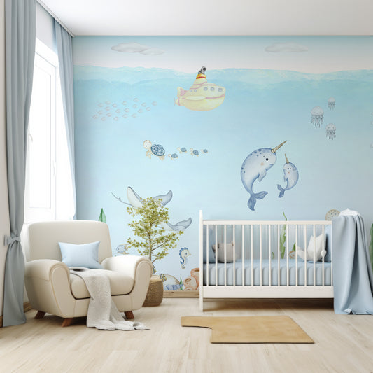 Ocena Joy Wallpaper In Nursey With White Cot And Large Cream Chair With Blue Cushions And Blue Bedding