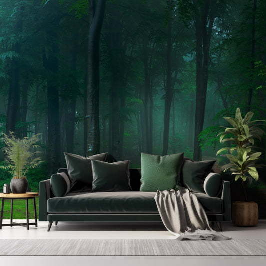 Orman Wallpaper In Living Room With Dark Black Green Sofa And Plants