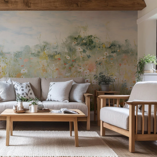 Petunia Wallpaper in a Farmhouse Style Living Room