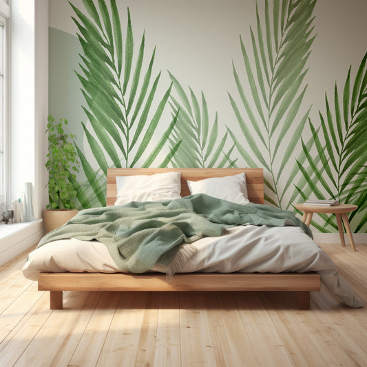 Raffia Green Wallpaper In Bedroom With Great Lighting With Green Queen Size Beds And Wooden Floor