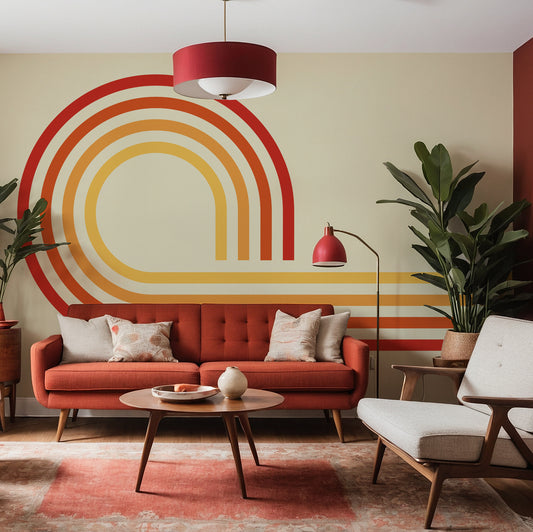 Retro Spiral Red in mid-century room with red sofa and plants
