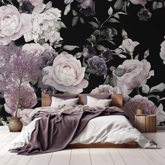 Rose Wallpaper In Bedroom With White Walls & Violet Bed With Large Purple Plant
