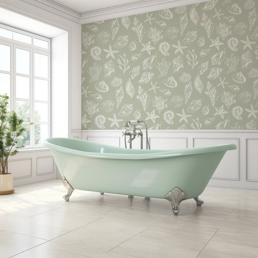 Sandy Shells Seaweed In Bathroom With Large Windows And Light Mint Green Bathtub