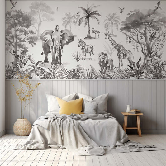 Sango Mono - Monochrome Watercolour Kids Jungle Safari Animal Wallpaper Mural