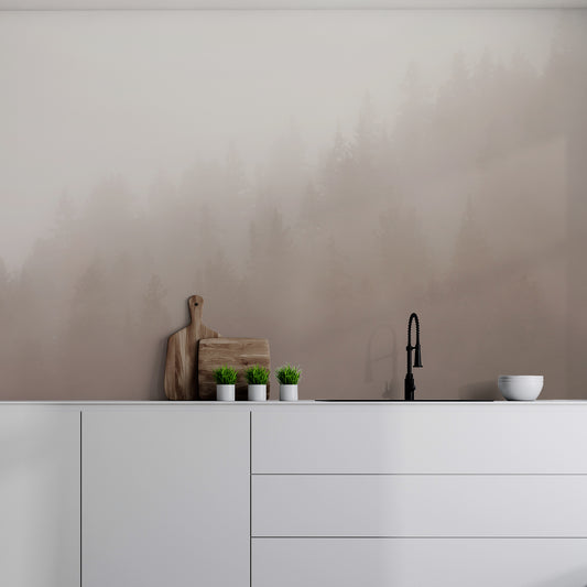 Sepia Serenity Heights wallpper in kitchen with white cabinets and wooden chopping boards and pants on top of worktop