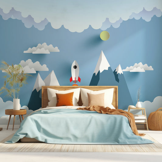 Skyrocket In Bedroom With Natural Lighting Shining On Baby Blue Bed With Orange Cushions